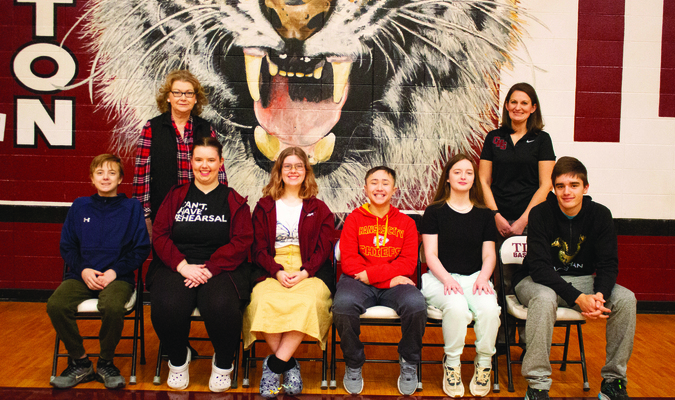 The Canton Quiz Bowl Team will compete at the Small School National Championship Tournament for quiz bowl in Chicago, Illinois, April 26-28. Team members pictured (l-r): Max Jansen, Emma Gosik, Gabby Gosik, Avery Uhlmeyer, Audrey Randall, Tyler Frazier. In back: assistant coach Pam Martz, head coach Heather Feldkamp
The team and coaches appreciate the businesses/people that sponsored this trip including,  Grassland Beef, Design-It, Davis Funeral Home, Richard Horner Shelter Insurance, Oak Hill Inn and Suites, Patricia Cummings, and Dr. Joseph Martz and family.